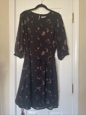 Ava & Viv Black Floral Tie-Waist Midi Dress